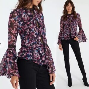 Misa Los Angeles Divya black and purple sheer floral blouse